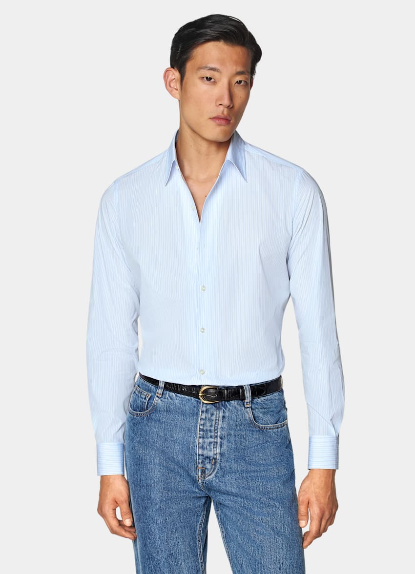 SUITSUPPLY Coton égyptien - Albini, Italie Chemise coupe Tailored avec col d'une seule pièce bleu clair à rayures