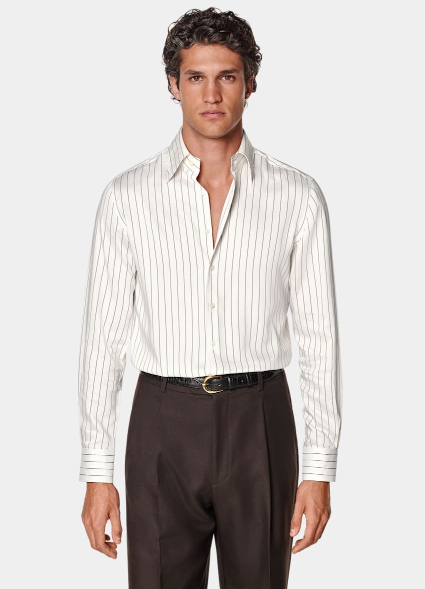 SUITSUPPLY Pure Lyocell by Testa Spa, Italy White Striped Large Classic Collar Tailored Fit Shirt