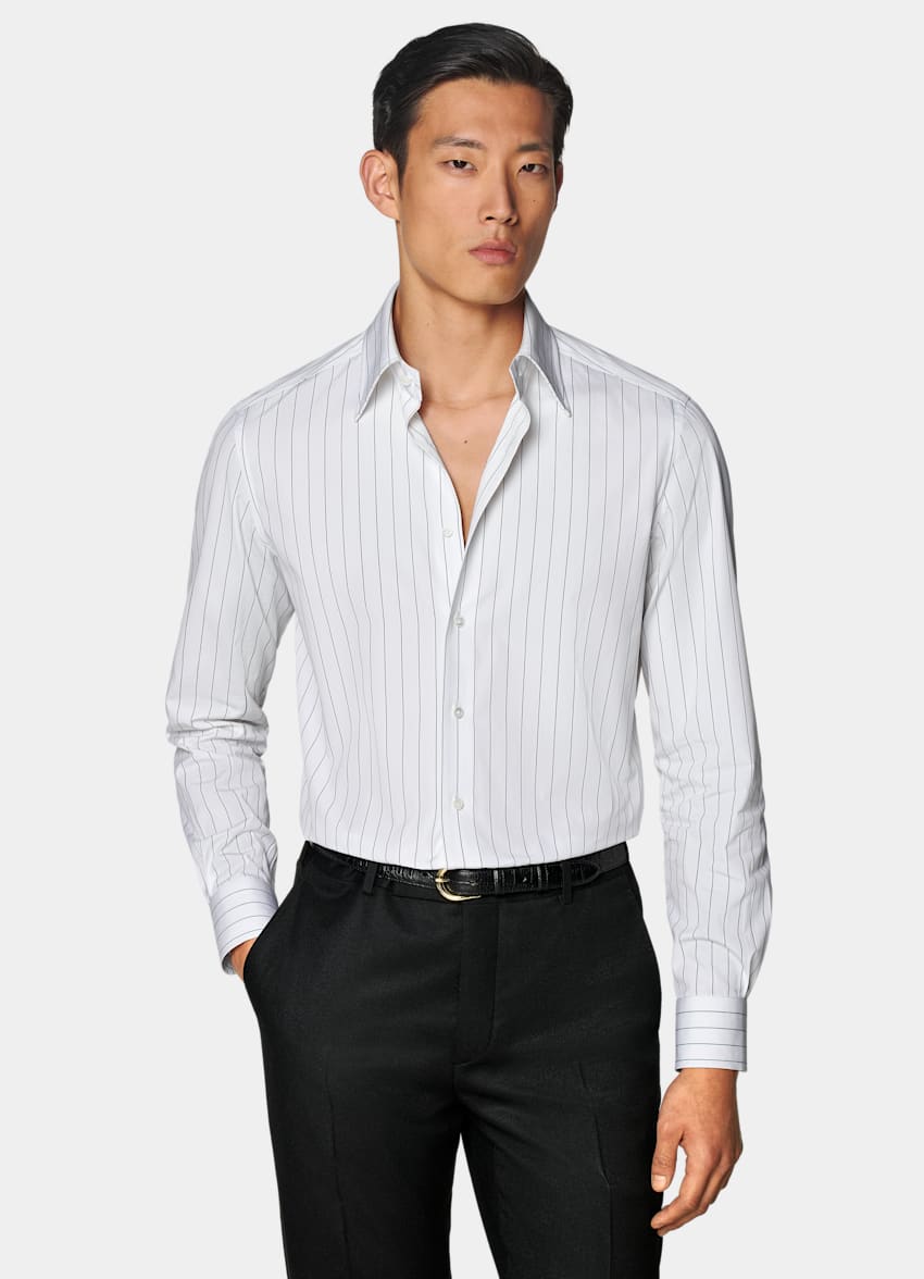 SUITSUPPLY Egyptian Cotton by Thomas Mason, Italy White Striped Large Classic Collar Tailored Fit Shirt