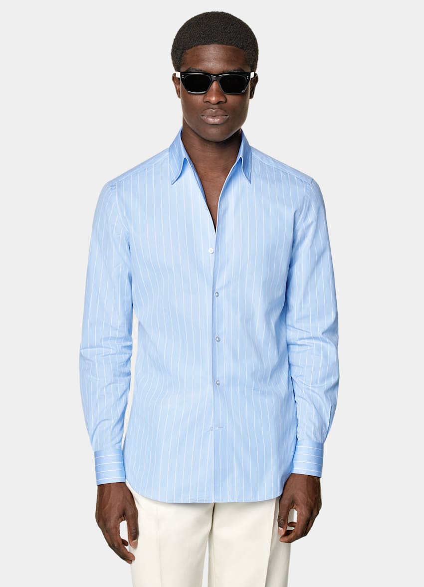 SUITSUPPLY Egyptian Cotton by Thomas Mason, Italy Light Blue Striped Tailored Fit Shirt