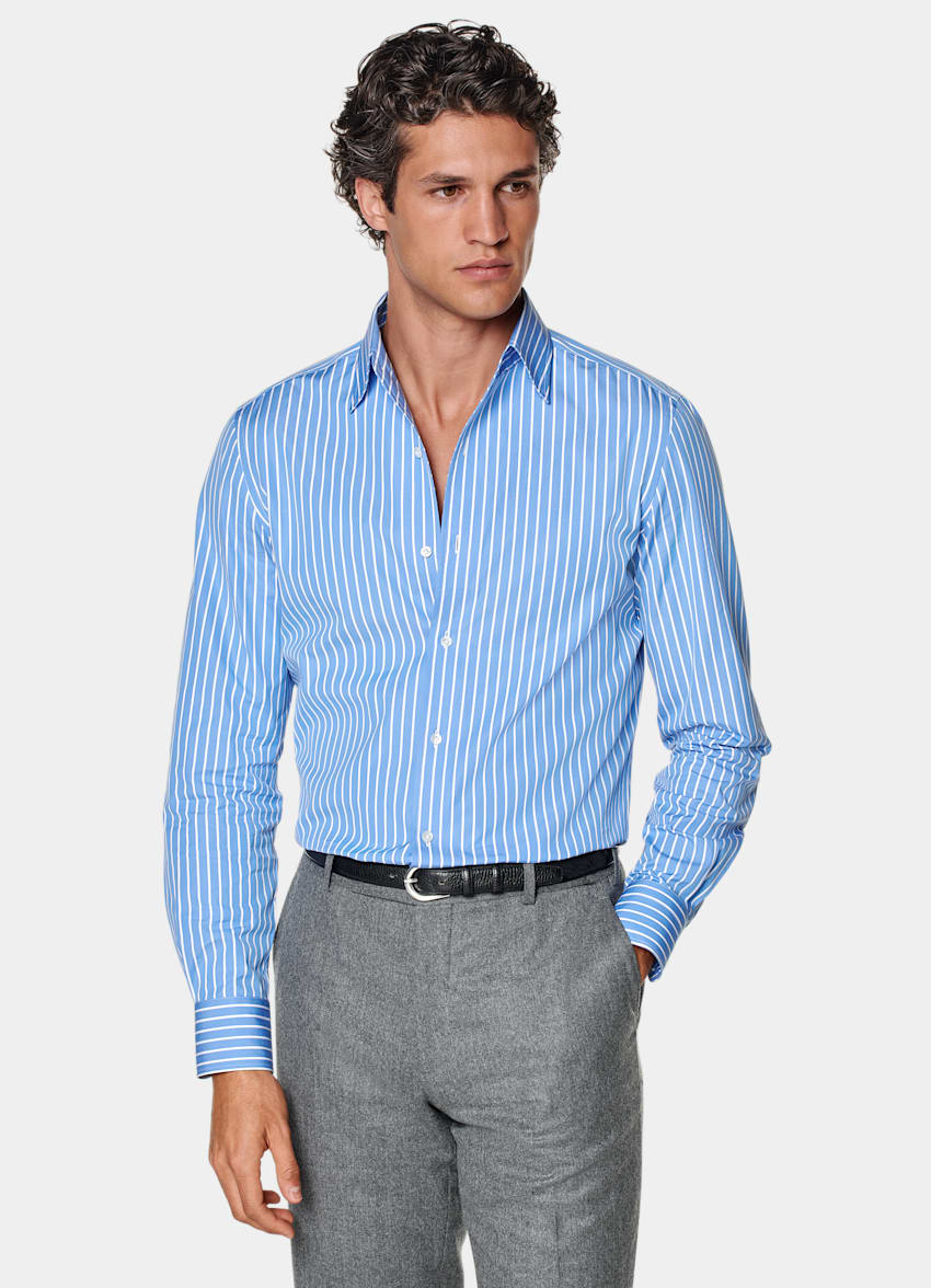 SUITSUPPLY Egyptian Cotton by Thomas Mason, Italy Mid Blue Striped Tailored Fit Shirt