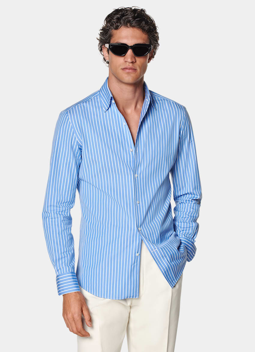 SUITSUPPLY Egyptian Cotton by Thomas Mason, Italy Mid Blue Striped Tailored Fit Shirt