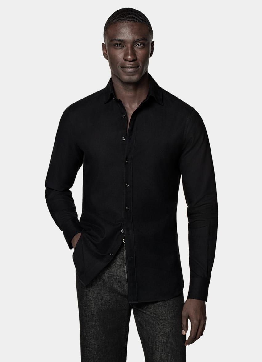 SUITSUPPLY Egyptian Cotton Flannel by Beste, Italy Black Tailored Fit Shirt