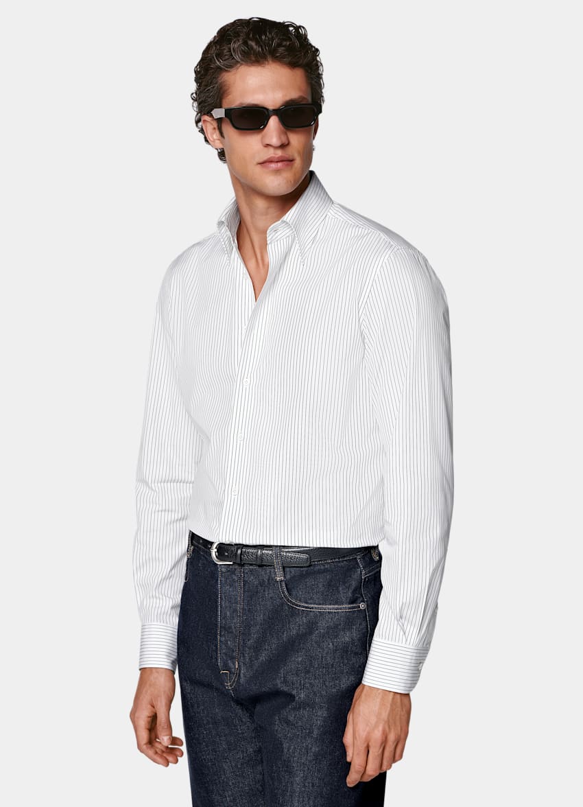 SUITSUPPLY Algodón egipcio de Thomas Mason, Italia Camisa blanca a rayas con cuello en punta