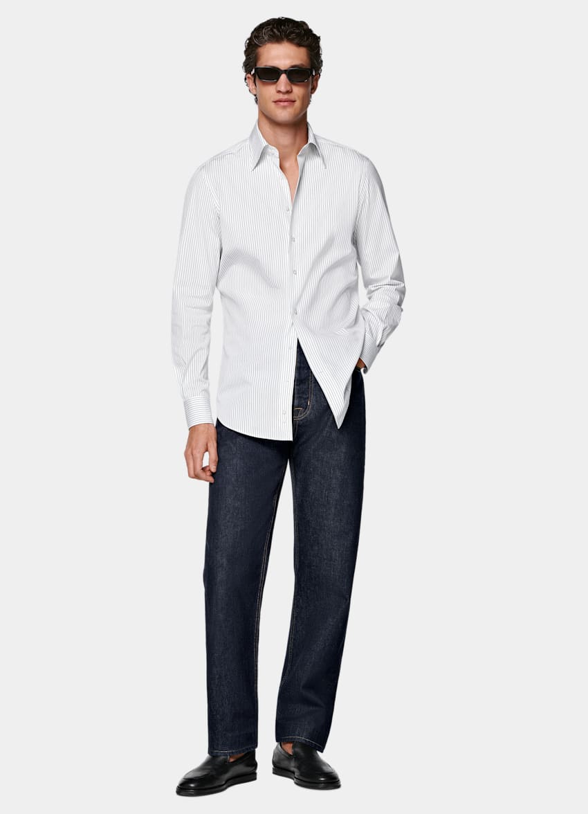 SUITSUPPLY Algodón egipcio de Thomas Mason, Italia Camisa blanca a rayas con cuello en punta
