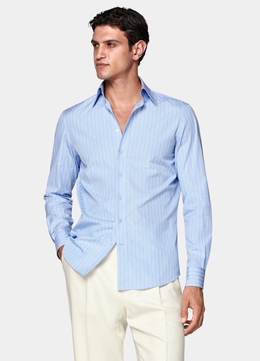 SUITSUPPLY Egyptian Cotton by Thomas Mason, Italy Blue Striped Point Collar Shirt