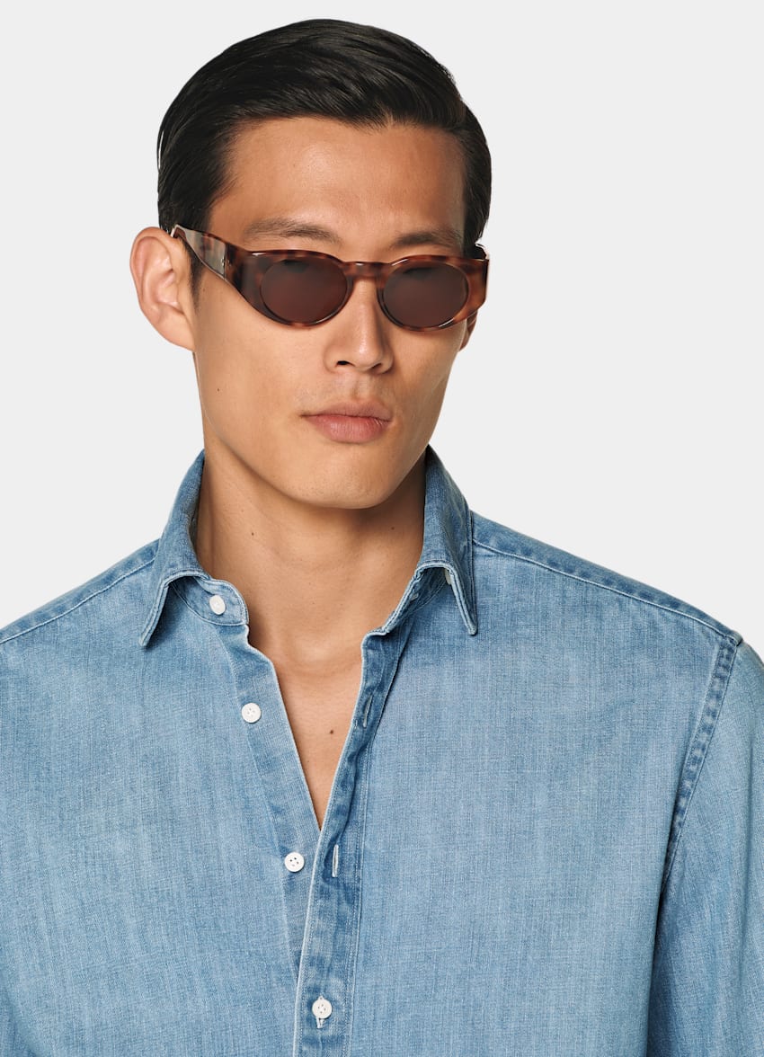 SUITSUPPLY Denim de algodón egipcio de Canclini, Italia Camisa denim azul medio