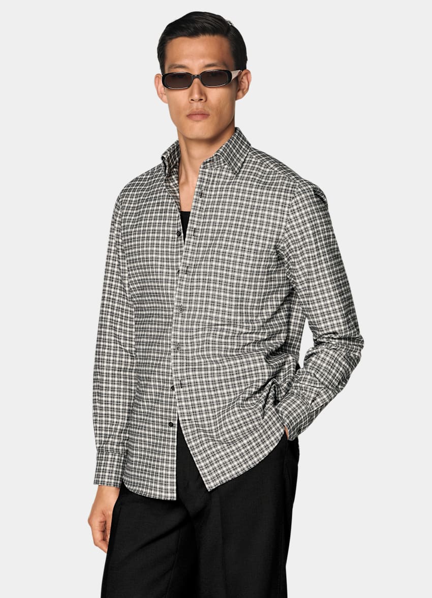 SUITSUPPLY Egyptian Cotton Flannel by Albiate, Italy Black Checked Cotton Flannel Shirt