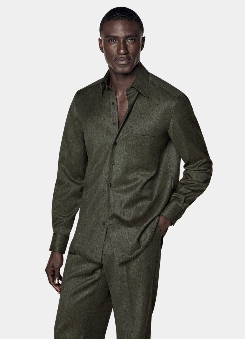 SUITSUPPLY 순수 울, Vitale Barberis Canonico, 이탈리아 그린 울 오버셔츠