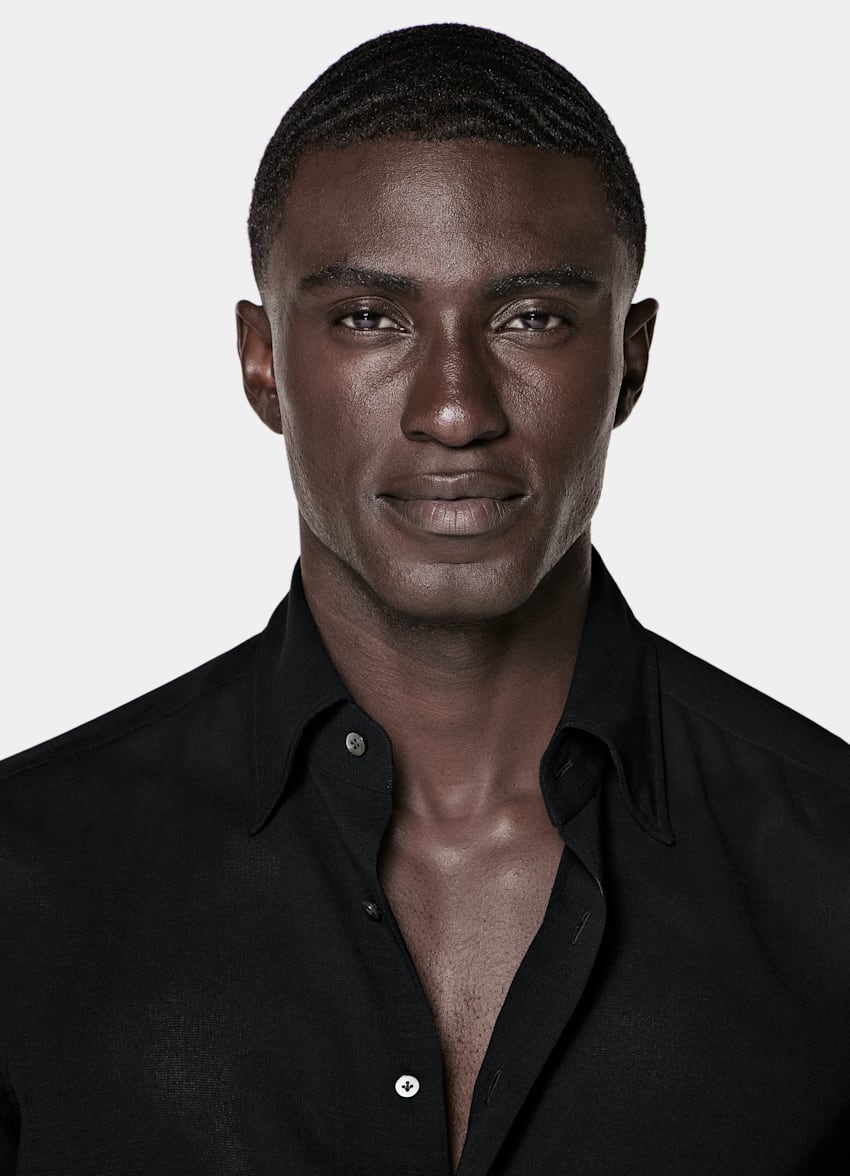 SUITSUPPLY Pure Wool Crepe by Botto Giuseppe, Italy Black Wool Shirt