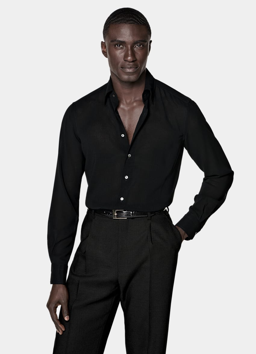 SUITSUPPLY Pure Wool Crepe by Botto Giuseppe, Italy Black Wool Shirt