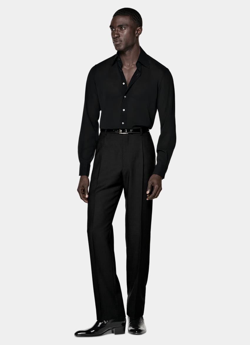 SUITSUPPLY Pure Wool Crepe by Botto Giuseppe, Italy Black Wool Shirt