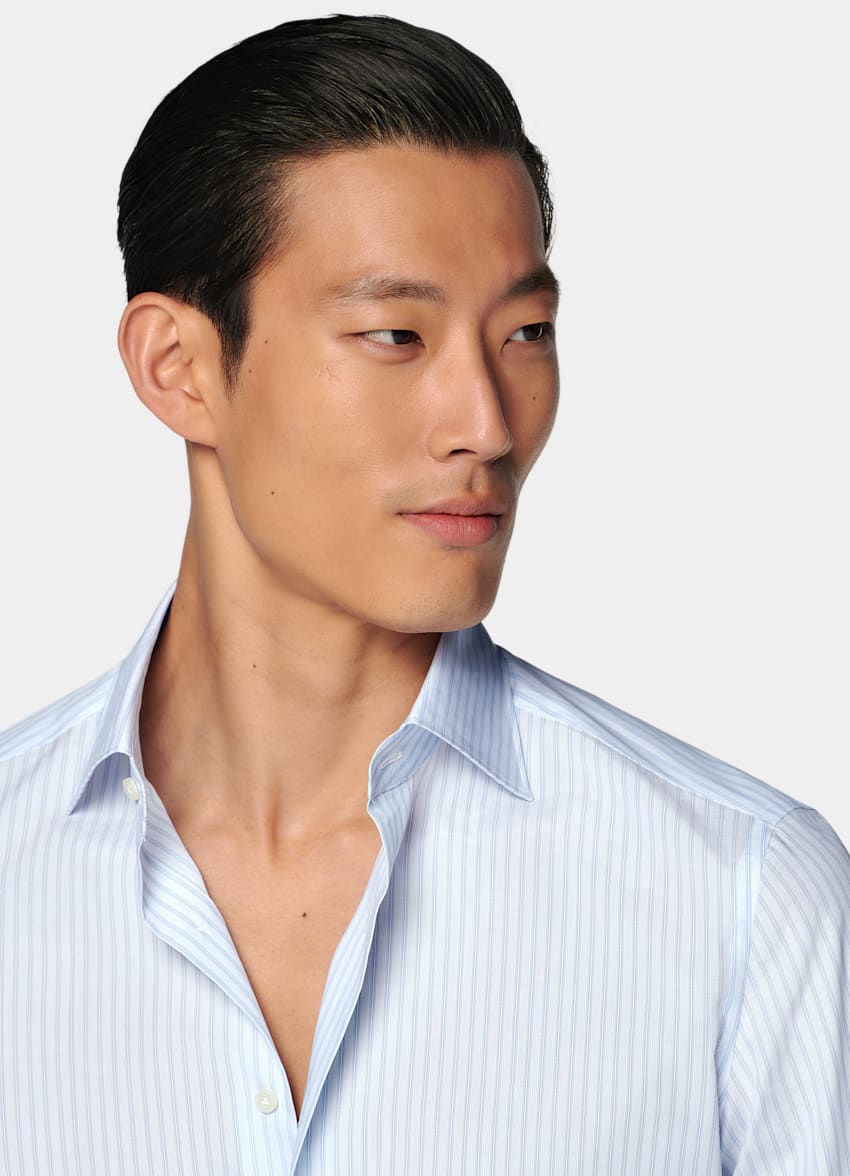 SUITSUPPLY Algodón egipcio de Albini, Italia Camisa azul claro a rayas con cuello italiano