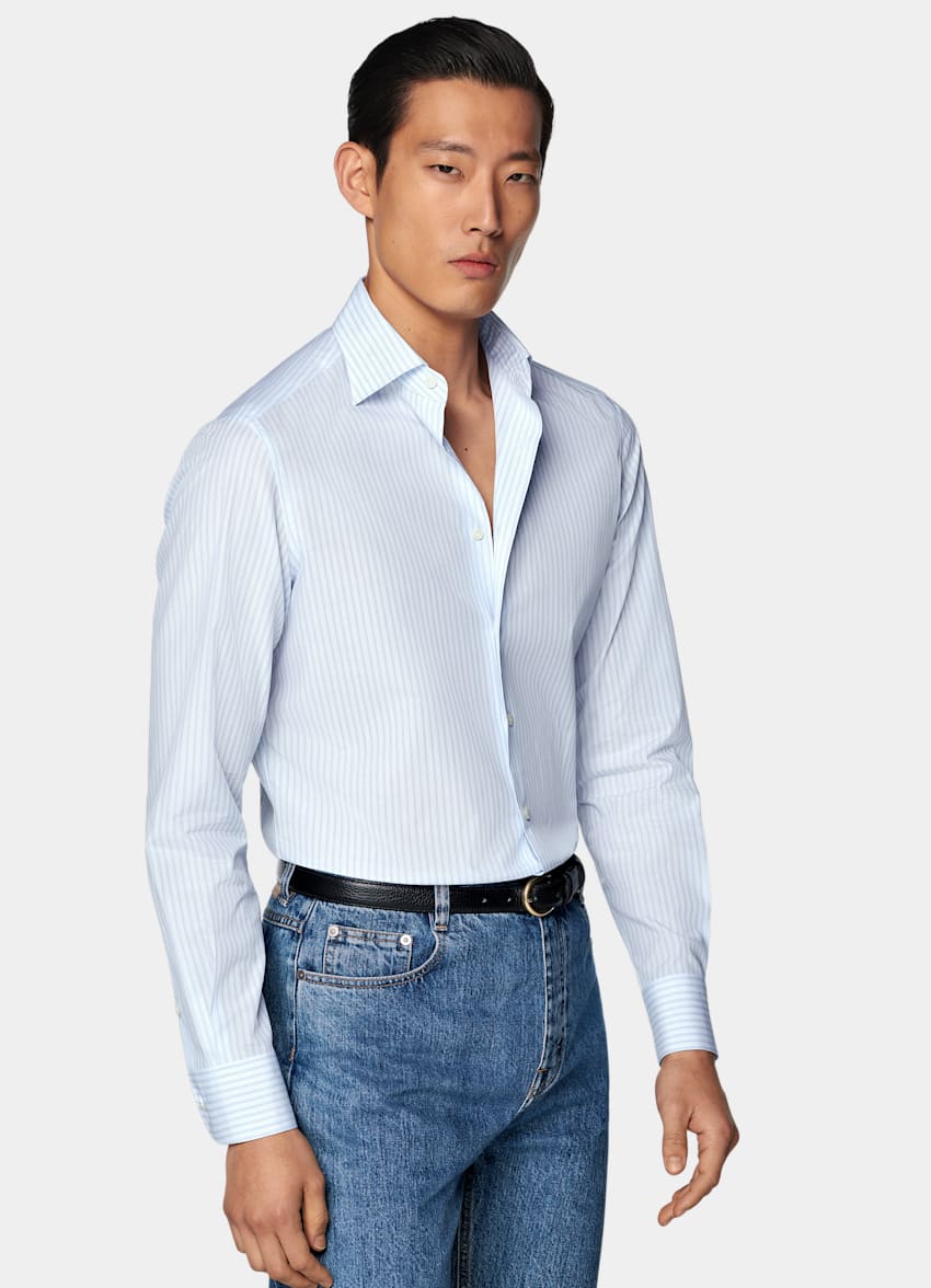 SUITSUPPLY Algodón egipcio de Albini, Italia Camisa azul claro a rayas con cuello italiano