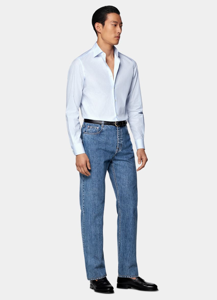 SUITSUPPLY Algodón egipcio de Albini, Italia Camisa azul claro a rayas con cuello italiano