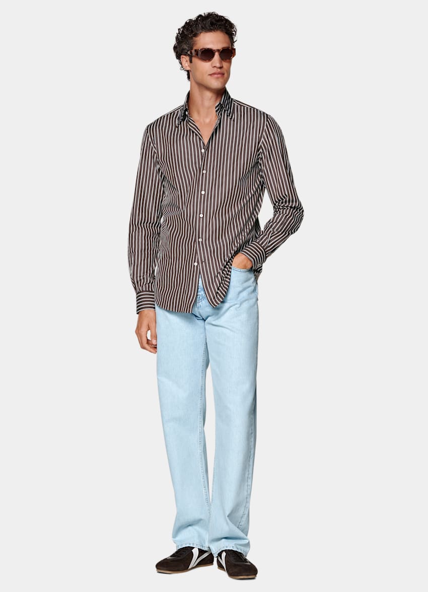 SUITSUPPLY 이집션 코튼, Thomas Mason, 이탈리아 브라운 스트라이프 포인트 칼라 셔츠