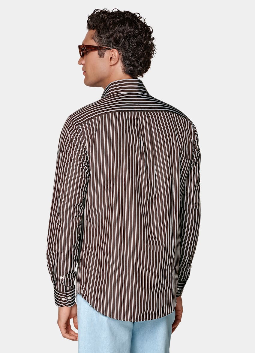 SUITSUPPLY 이집션 코튼, Thomas Mason, 이탈리아 브라운 스트라이프 포인트 칼라 셔츠