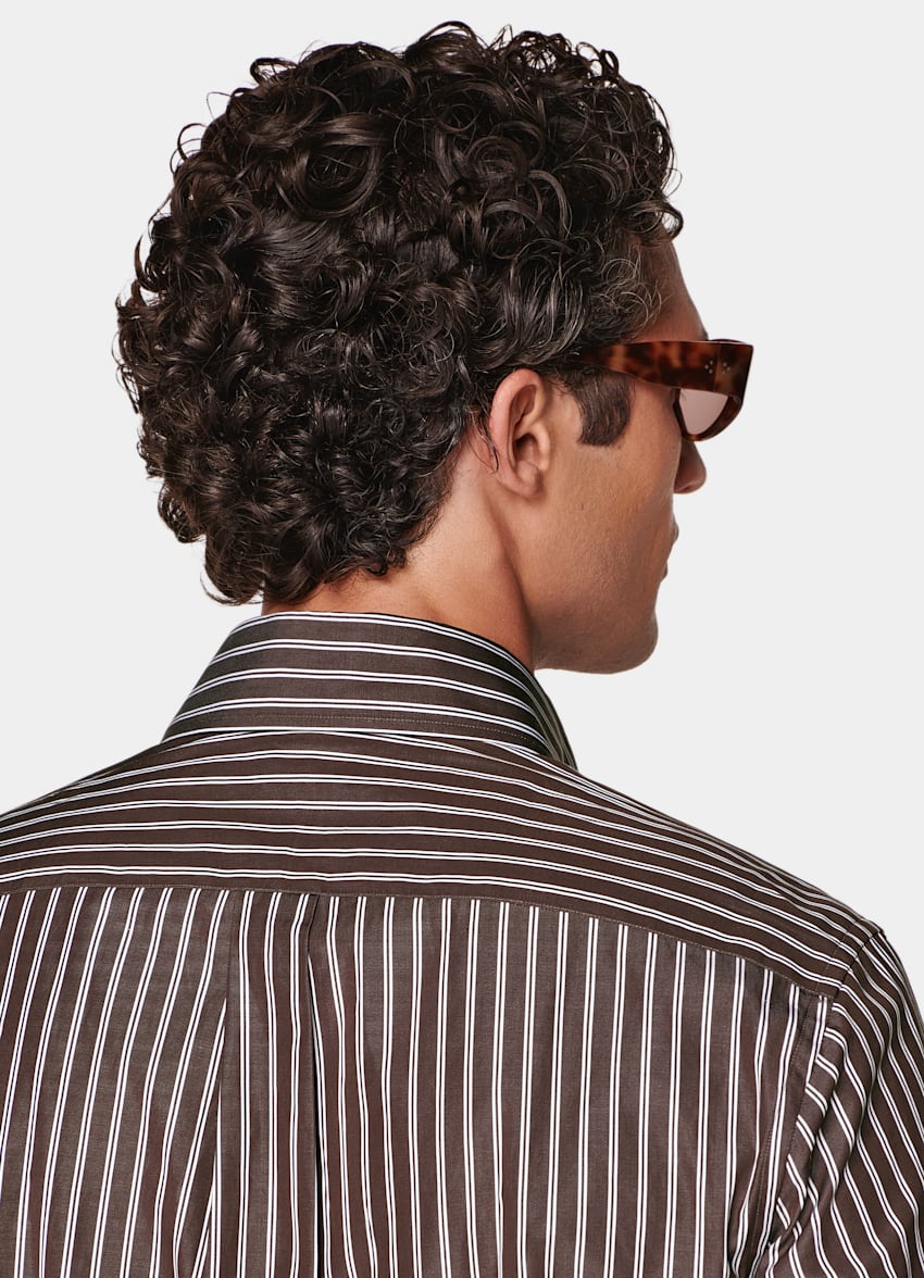 SUITSUPPLY 이집션 코튼, Thomas Mason, 이탈리아 브라운 스트라이프 포인트 칼라 셔츠