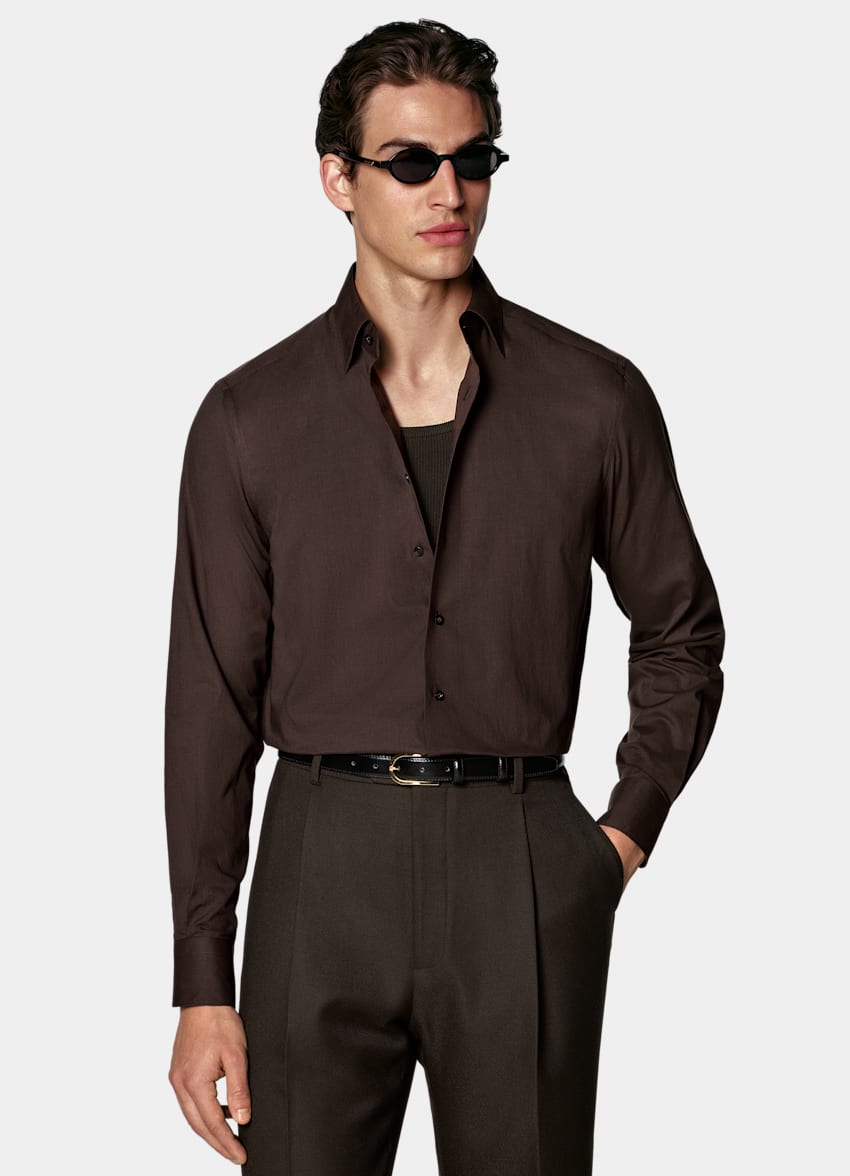 SUITSUPPLY Egyptian Cotton by Albini, Italy Dark Brown Cotton Shirt