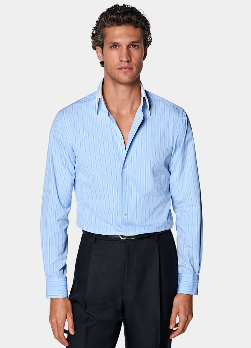 SUITSUPPLY Coton &eacute;gyptien - Thomas Mason, Italie Chemise &agrave; col &agrave; point rayures bleu clair