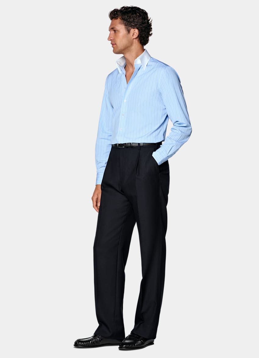 SUITSUPPLY Coton &eacute;gyptien - Thomas Mason, Italie Chemise &agrave; col &agrave; point rayures bleu clair