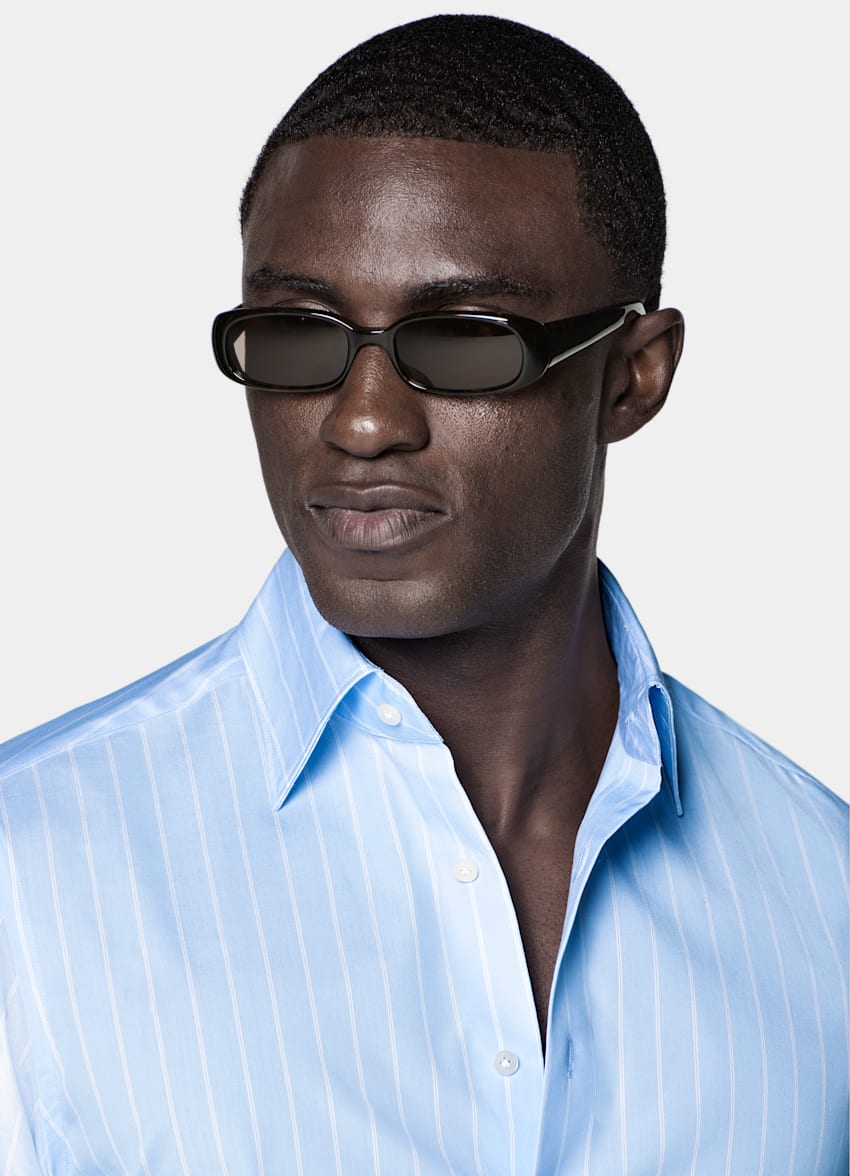 SUITSUPPLY Egyptian Cotton by Albini, Italy Light Blue Striped Classic Collar Shirt