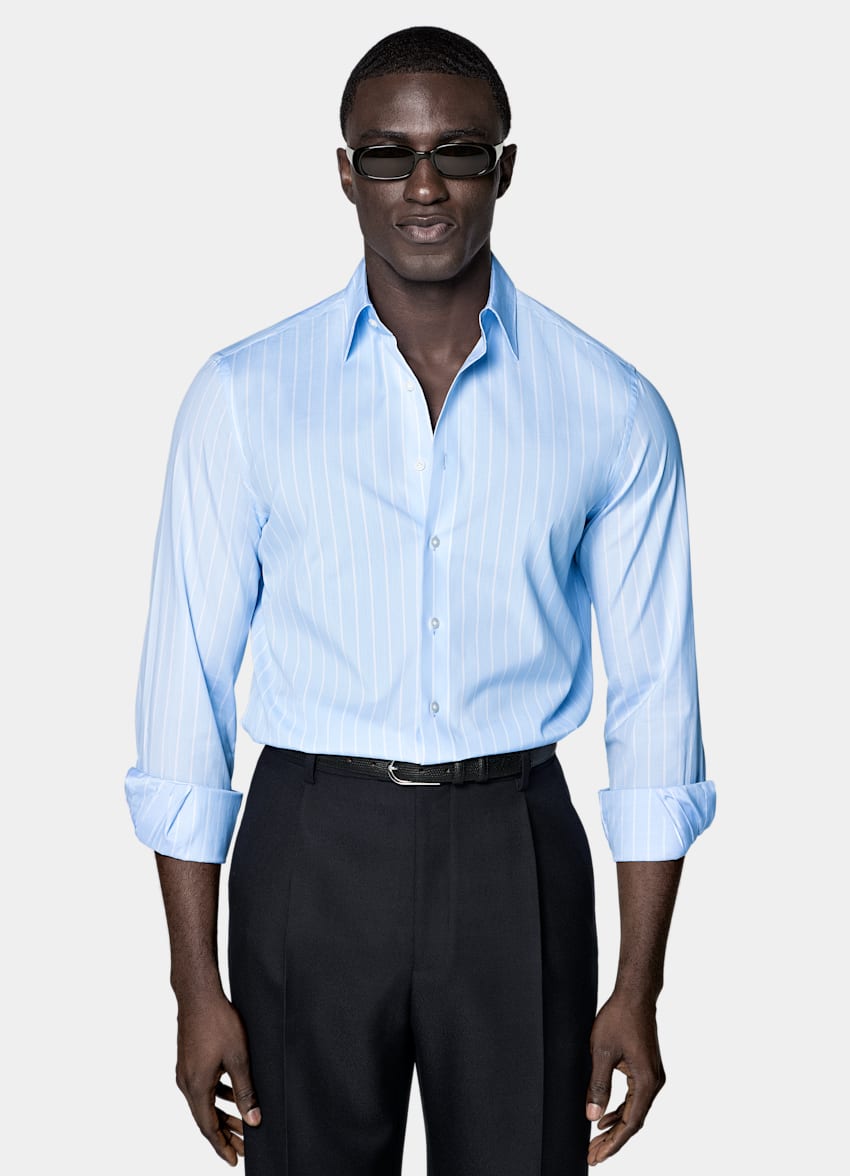 SUITSUPPLY Egyptian Cotton by Albini, Italy Light Blue Striped Classic Collar Shirt