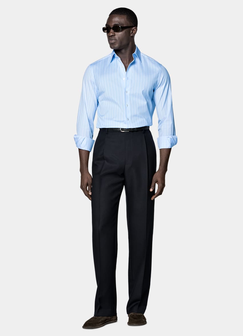 SUITSUPPLY Egyptian Cotton by Albini, Italy Light Blue Striped Classic Collar Shirt