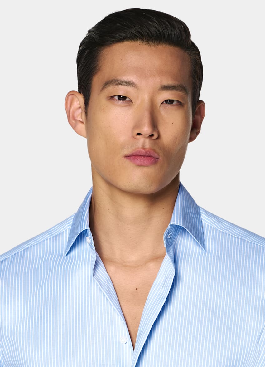 SUITSUPPLY Wrinkle-Free Pima Cotton by Weba, Switzerland Mid Blue Striped Widespread Collar Shirt