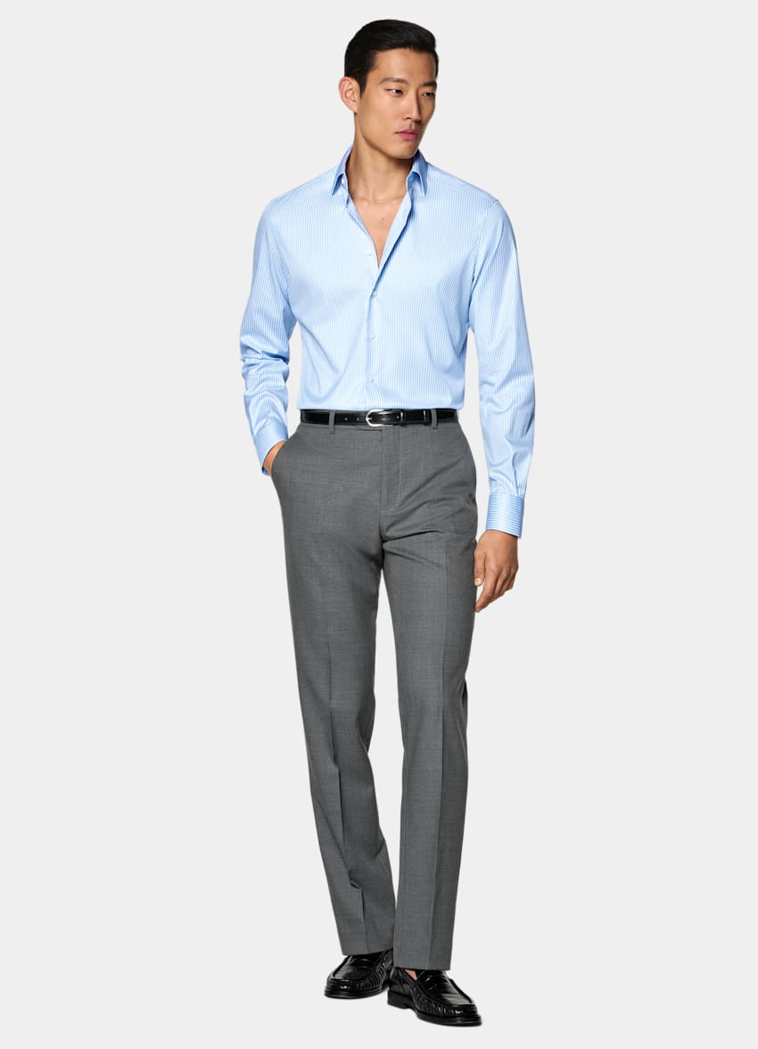 SUITSUPPLY Wrinkle-Free Pima Cotton by Weba, Switzerland Mid Blue Striped Widespread Collar Shirt