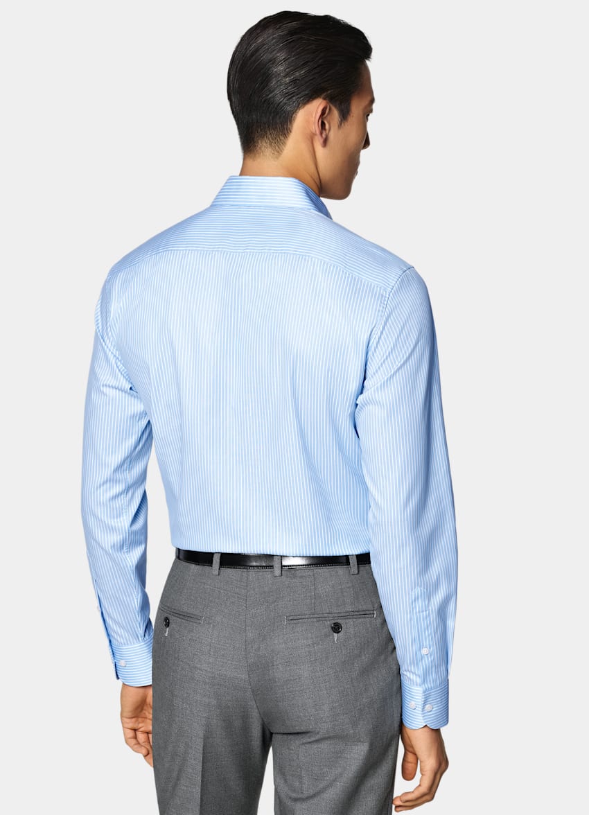 SUITSUPPLY Wrinkle-Free Pima Cotton by Weba, Switzerland Mid Blue Striped Widespread Collar Shirt