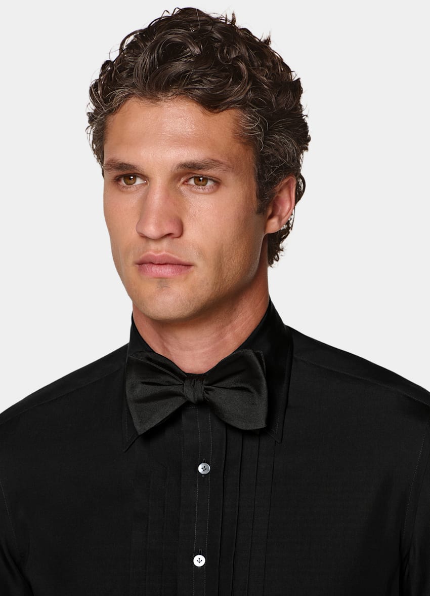 SUITSUPPLY Lyocell Silk by Albini, Italy Black Pliss&eacute; Tuxedo Shirt