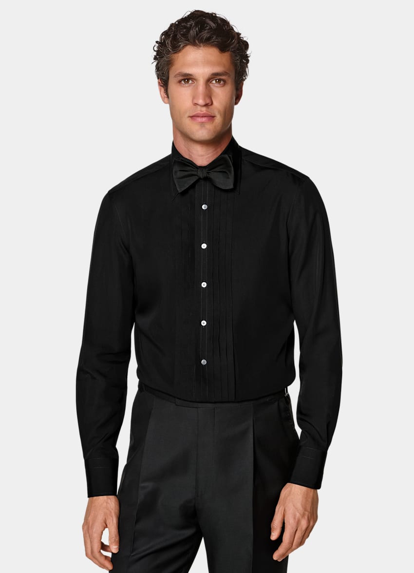 SUITSUPPLY Lyocell Silk by Albini, Italy Black Pliss&eacute; Tuxedo Shirt