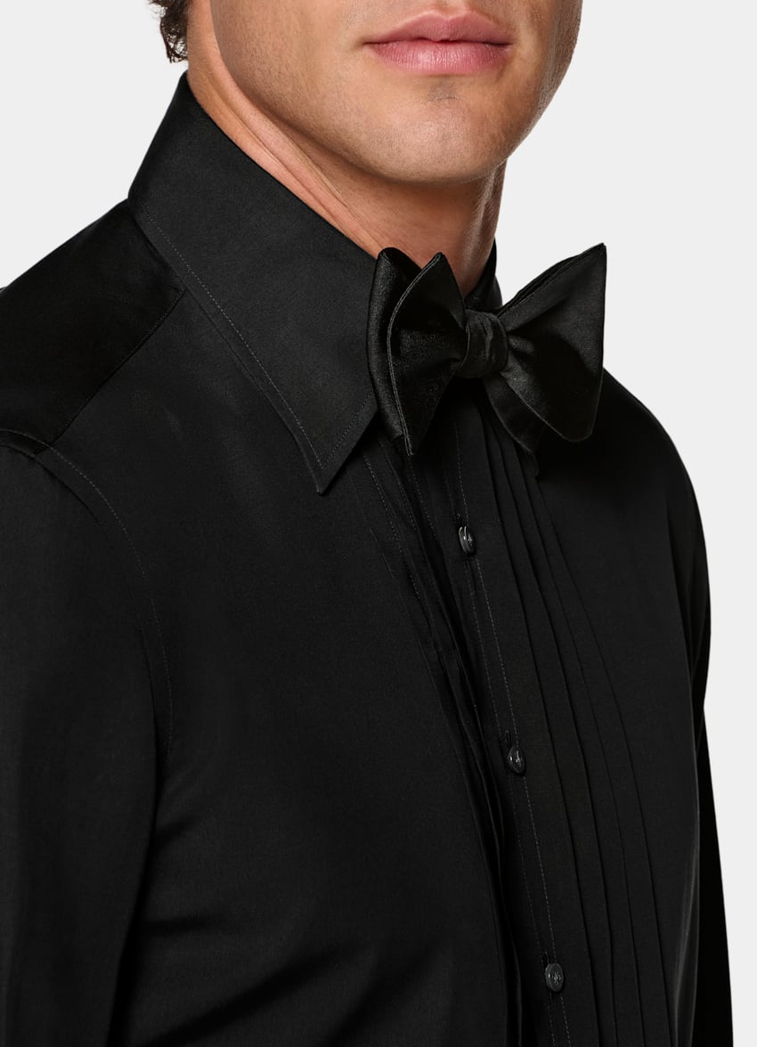 SUITSUPPLY Lyocell Silk by Albini, Italy Black Pliss&eacute; Tuxedo Shirt
