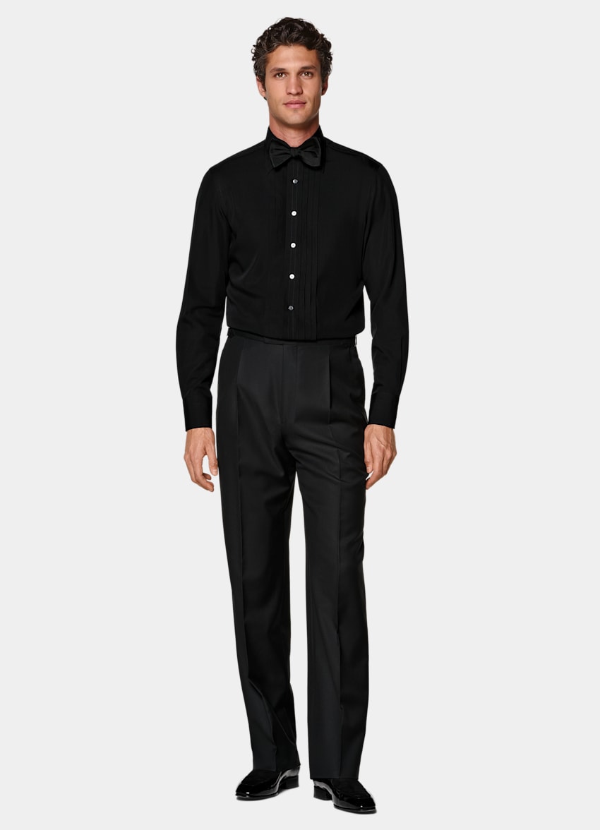 SUITSUPPLY Lyocell Silk by Albini, Italy Black Pliss&eacute; Tuxedo Shirt