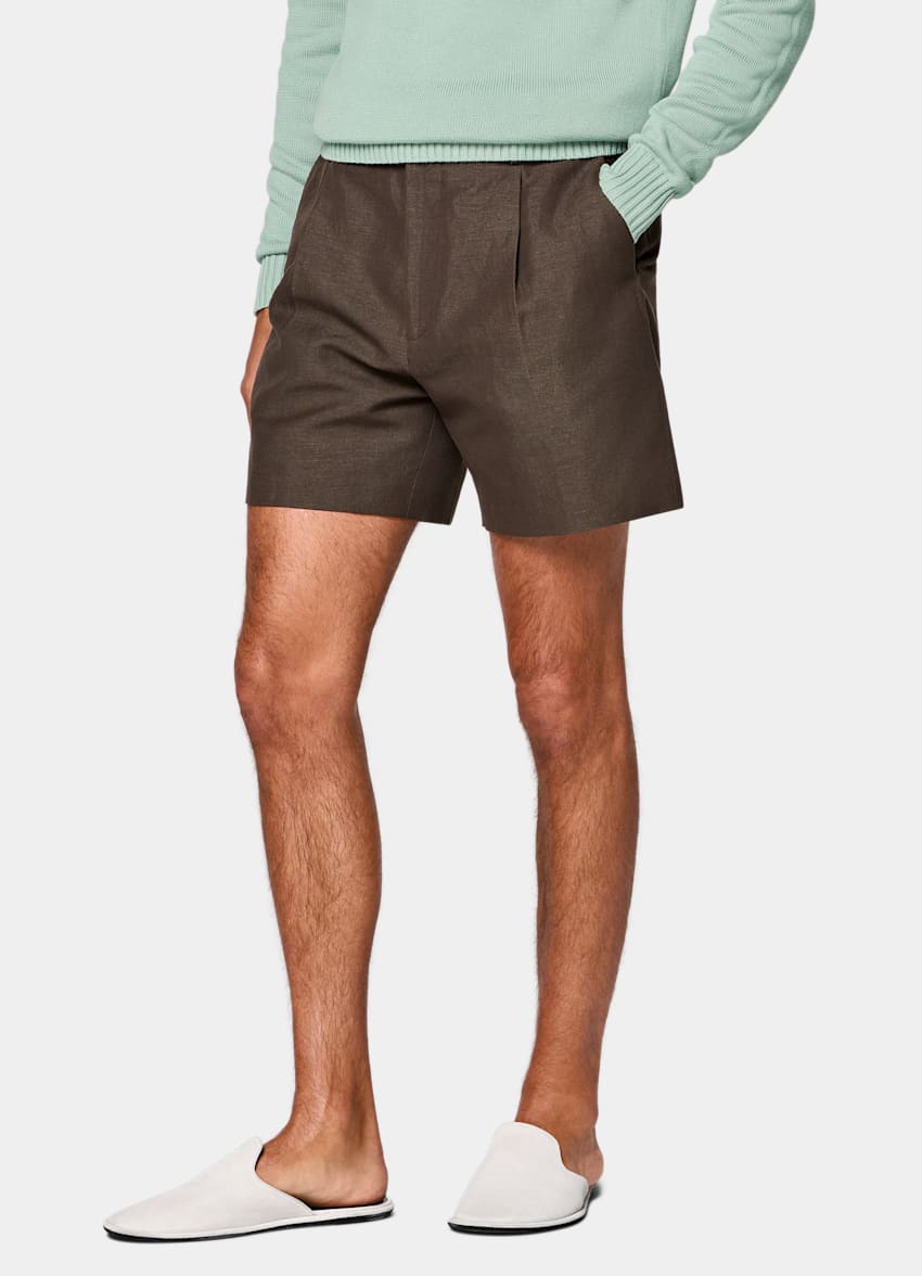 SUITSUPPLY Cotton Linen by Solbiati, Italy Dark Brown Straight Leg Shorts