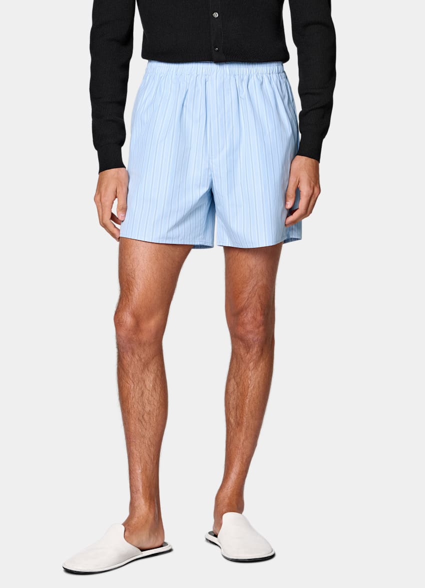 SUITSUPPLY Pure Cotton by Albini, Italy Light Blue Striped Straight Leg Shorts