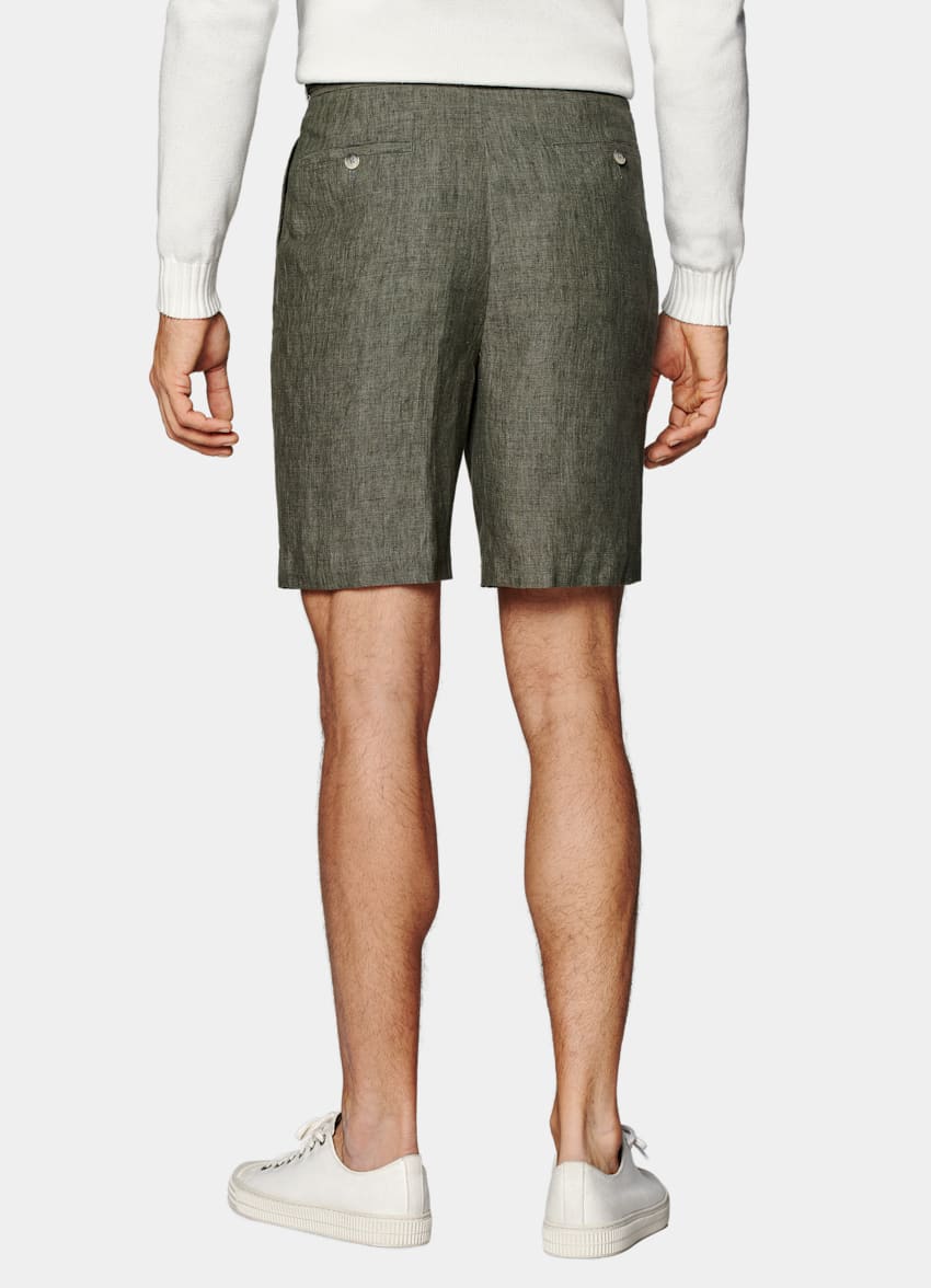 SUITSUPPLY Pure Linen by Leomaster, Italy Dark Green Pleated Mira Shorts