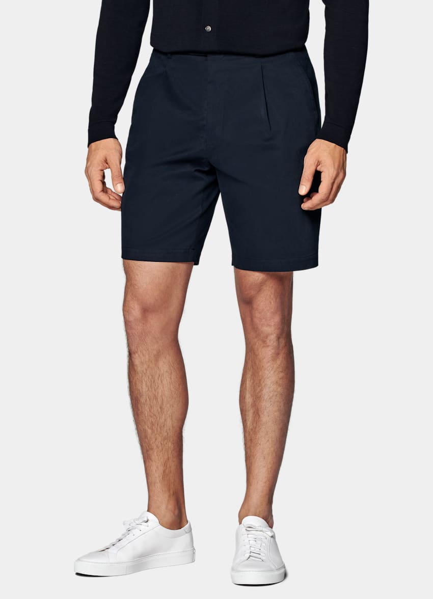 SUITSUPPLY Stretch Cotton by Di Sondrio, Italy Navy Pleated Firenze Shorts