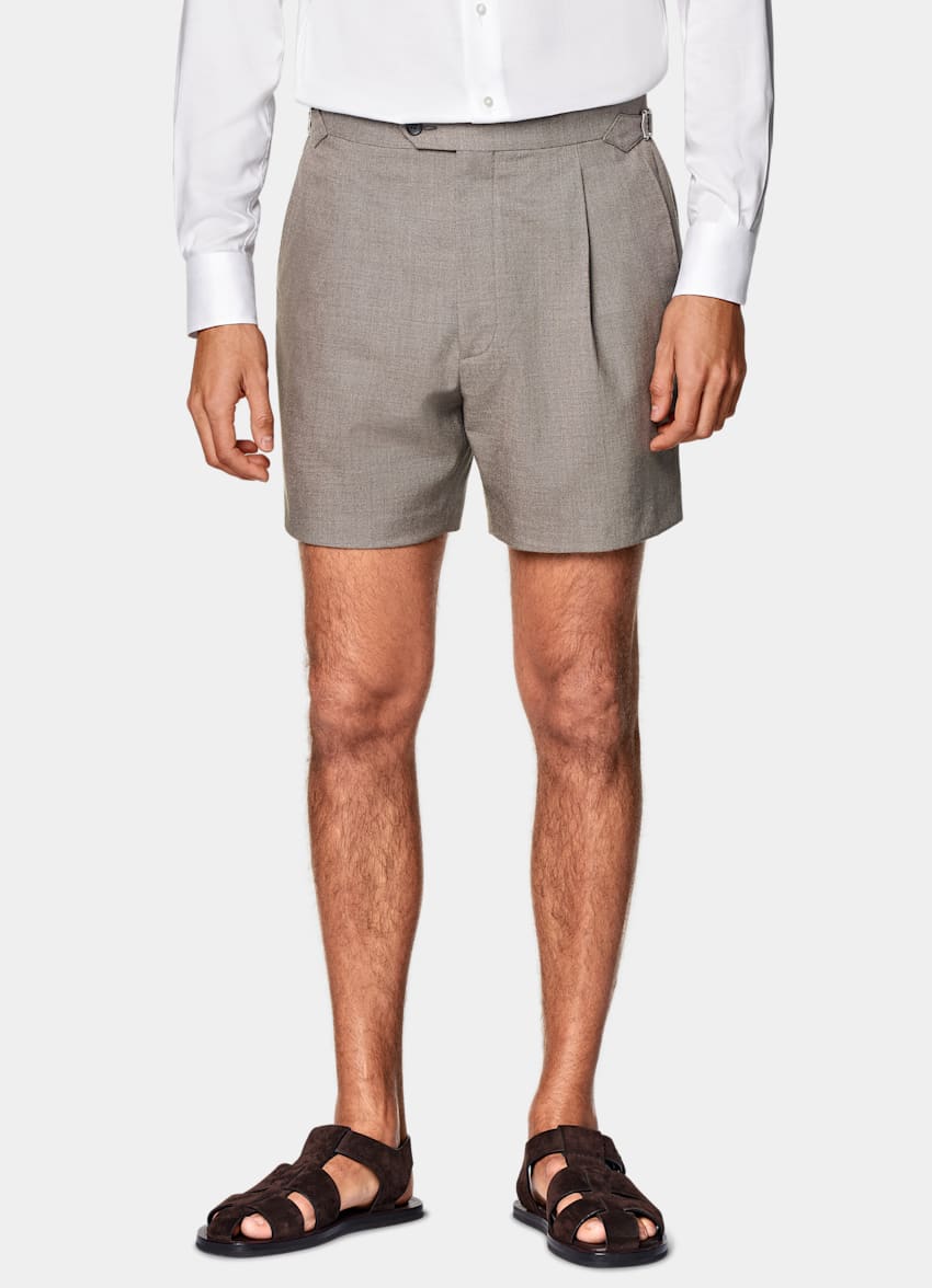 SUITSUPPLY Pure 4-Ply Traveller Wool by Rogna, Italy Taupe Straight Leg Shorts