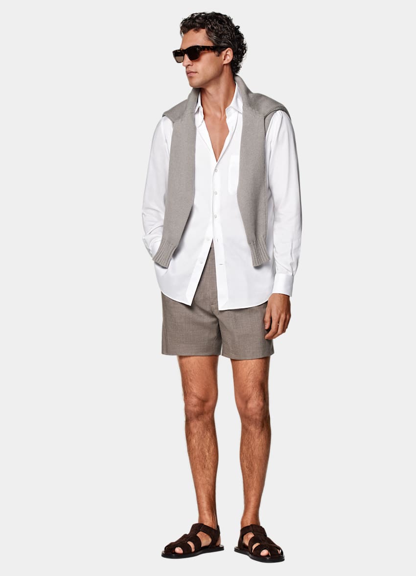 SUITSUPPLY Pure 4-Ply Traveller Wool by Rogna, Italy Taupe Straight Leg Shorts