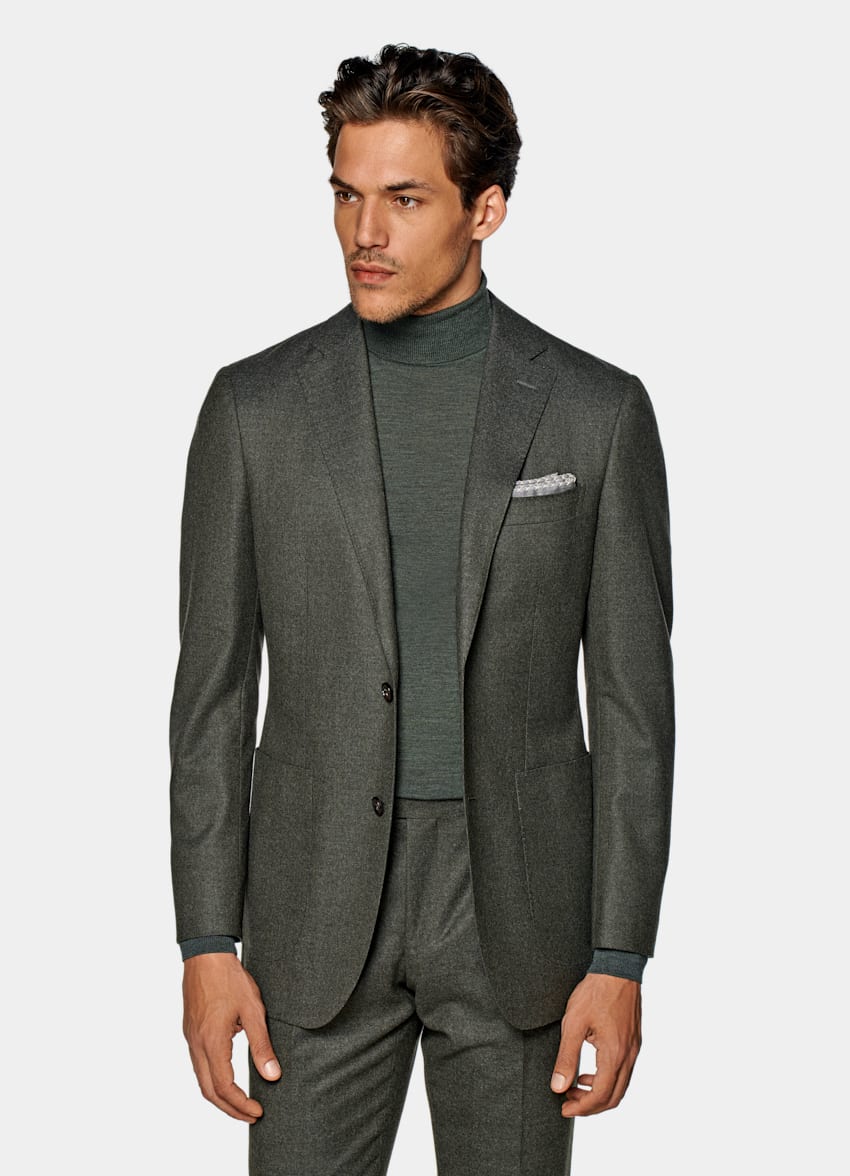 SUITSUPPLY Pure S120's Wool Flannel by Vitale Barberis Canonico, Italy  Mid Green Tailored Fit Havana Suit
