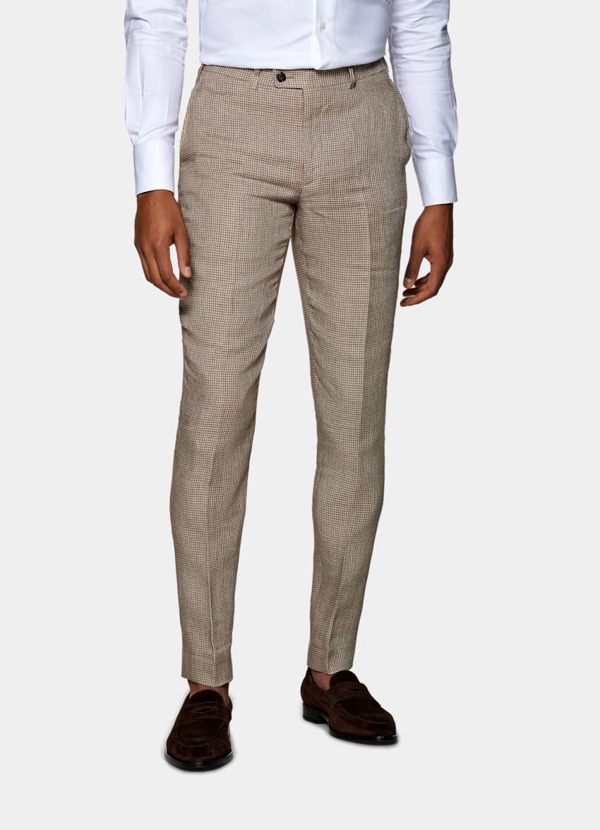 SUITSUPPLY Pure Linen by Solbiati, Italy Light Brown Houndstooth Havana Suit