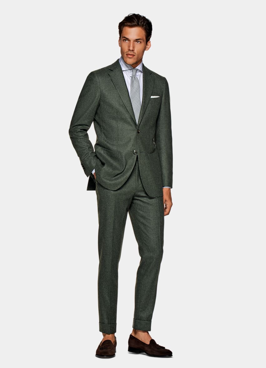 SUITSUPPLY Circular Wool Flannel by Vitale Barberis Canonico, Italy Dark Green Havana Suit