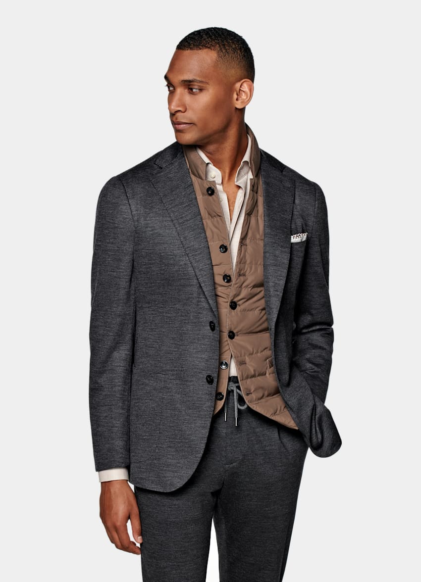 SUITSUPPLY Knitted Wool Cotton by Dondi, Italy Dark Grey Lazio Suit