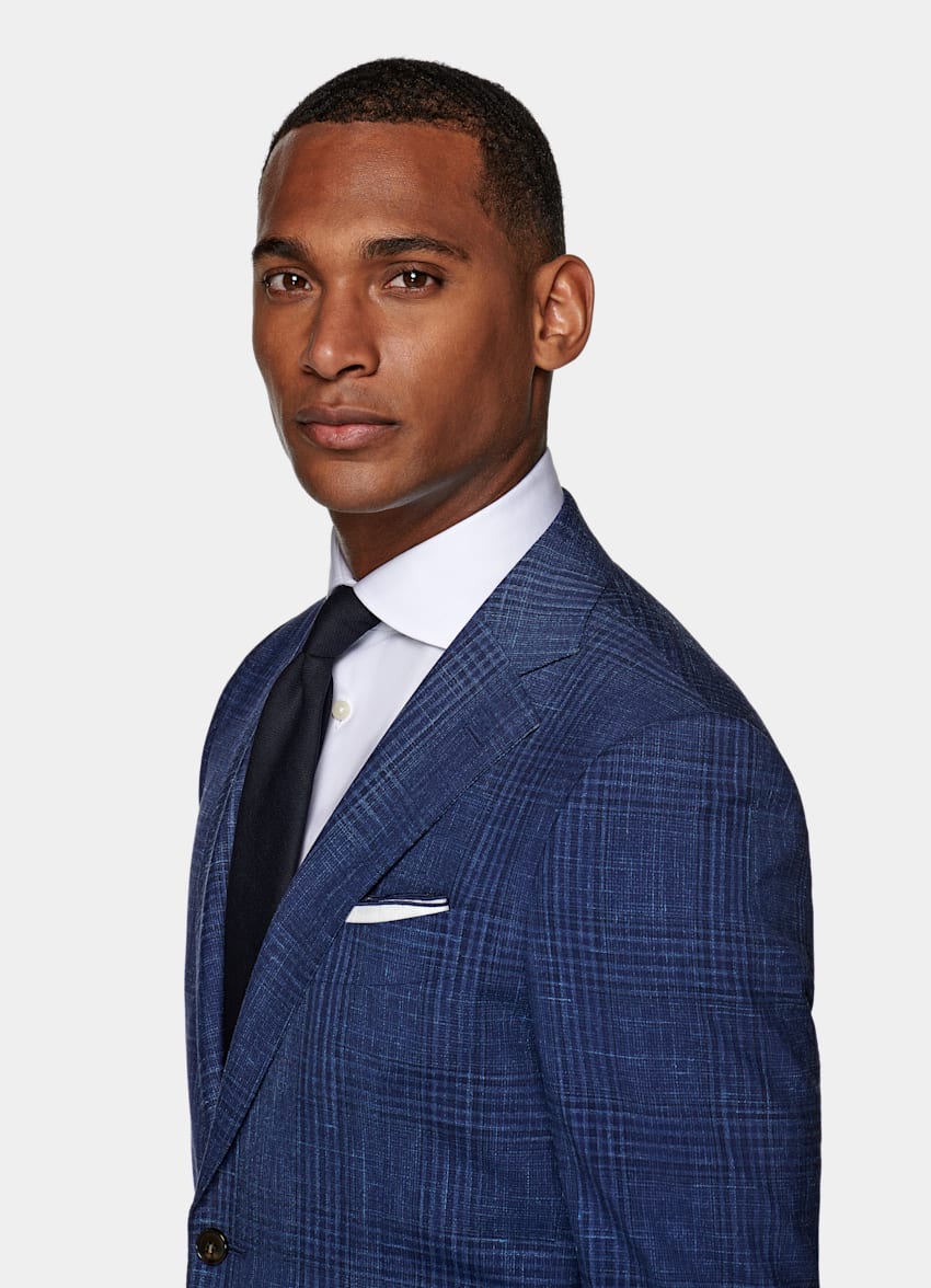 Mid Blue Checked Lazio Suit | Wool Silk Linen Single Breasted ...
