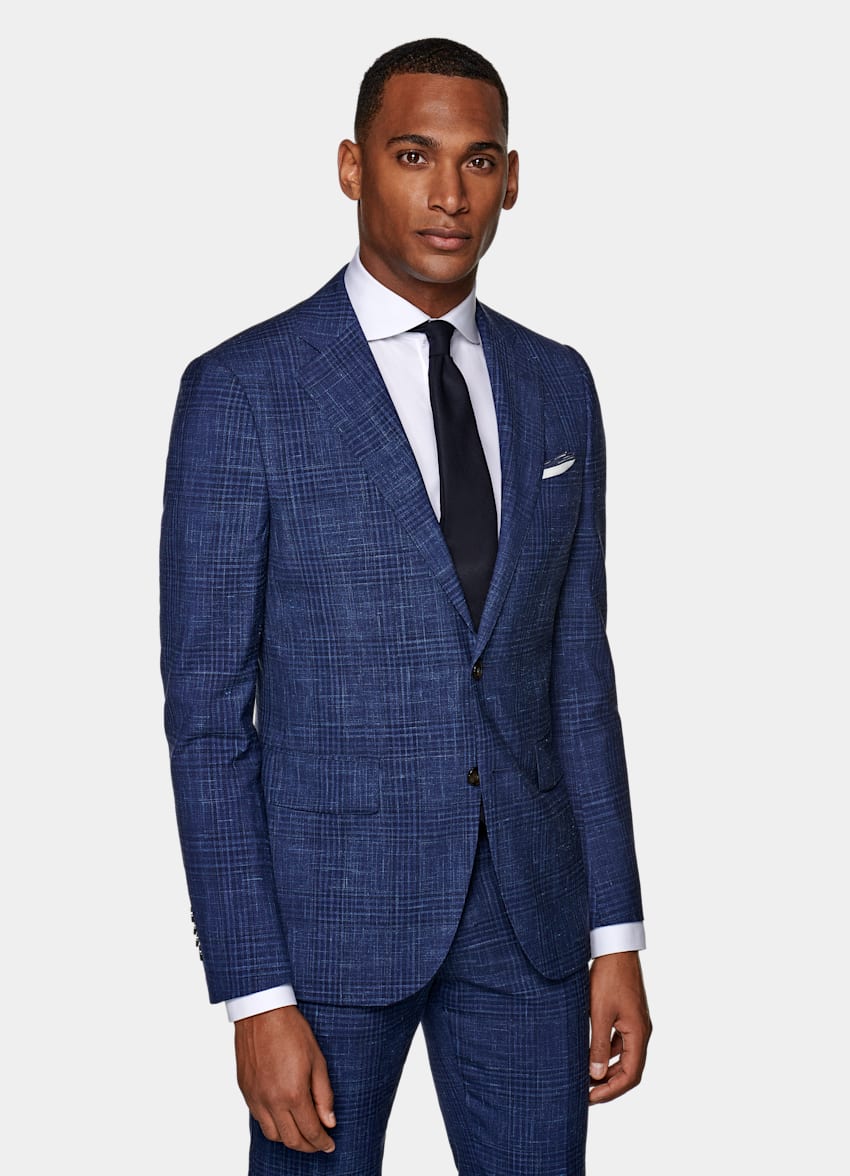 Mid Blue Check Lazio Suit | Wool Silk Linen Single Breasted ...
