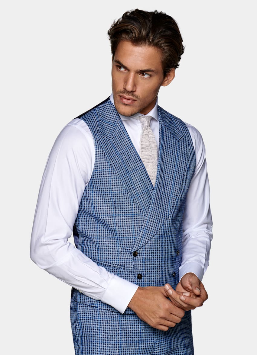 Mid Blue Check Lazio Suit | Wool Silk Linen Three Piece | Suitsupply ...