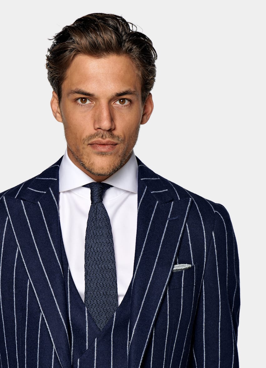 Mid Blue Striped Havana Suit | Wool Cashmere Three Piece | Suitsupply ...