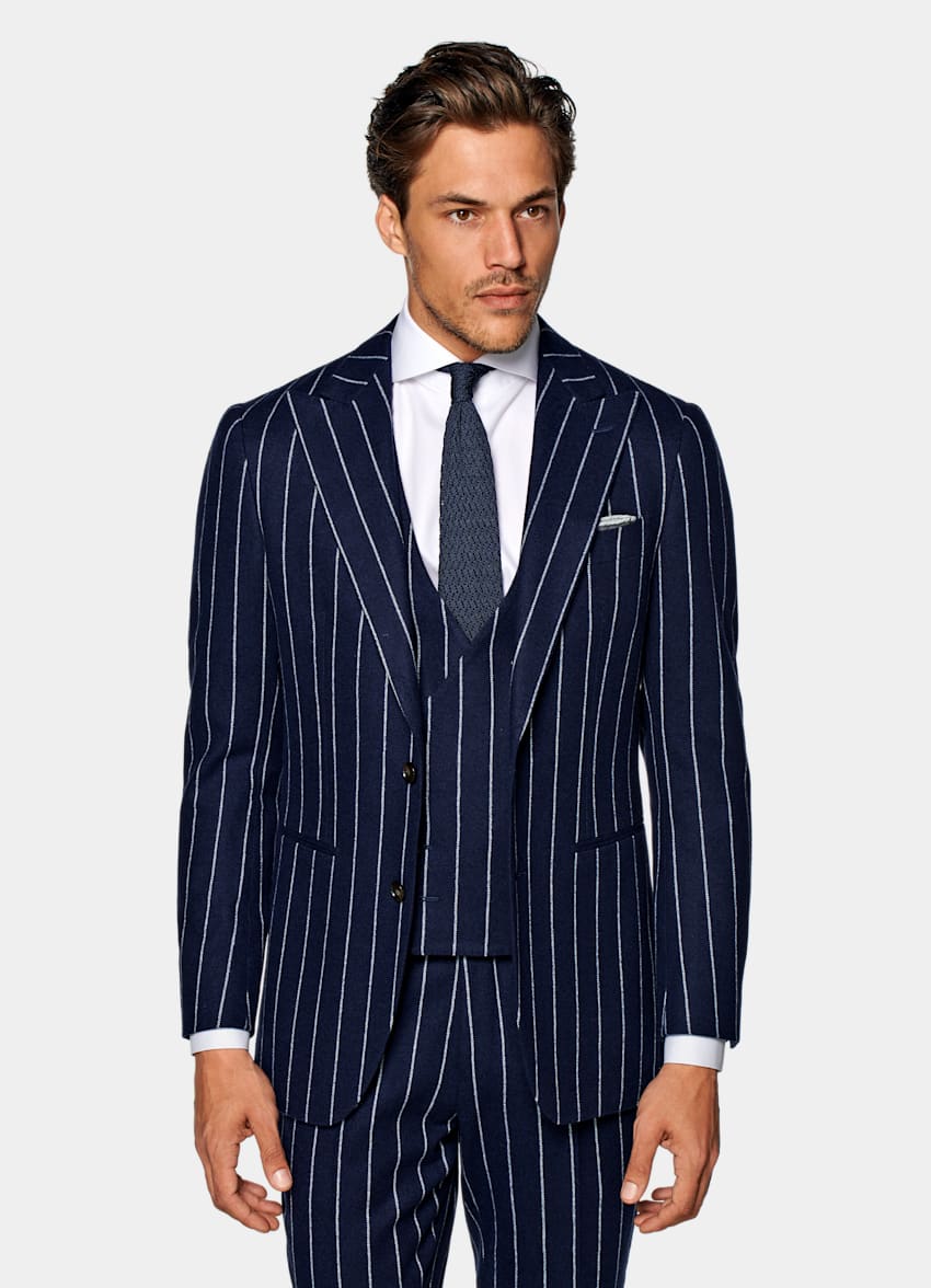 Mid Blue Striped Three-Piece Havana Suit | Wool Cashmere Three Piece ...